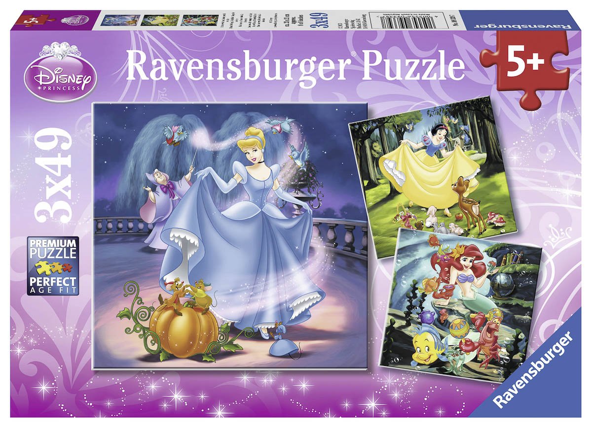 Puzzel Disney Princess - Sneeuwwitje, Assepoester en Arielle (3 x 49)