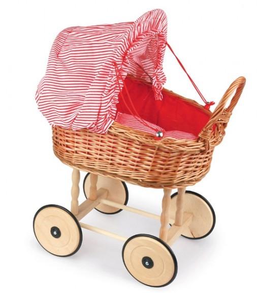 Egmont Toys rieten Poppenwagen. rood/witte bekledi