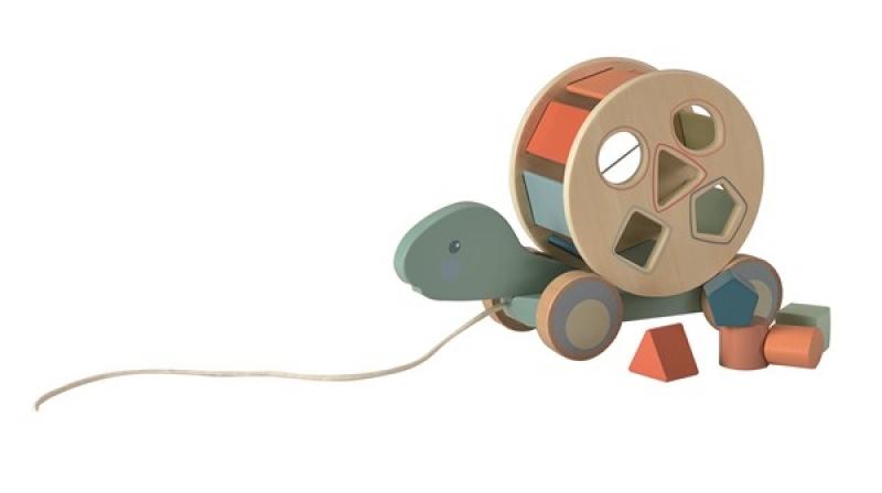 Houten trekfiguur Schildpad met blokken. 27x10x19cm. 1+